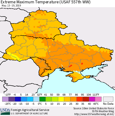 Ukraine, Moldova and Belarus Maximum Daily Temperature (USAF 557th WW) Thematic Map For 5/13/2019 - 5/19/2019