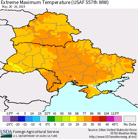 Ukraine, Moldova and Belarus Extreme Maximum Temperature (USAF 557th WW) Thematic Map For 5/20/2019 - 5/26/2019