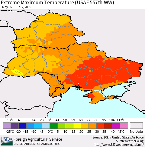 Ukraine, Moldova and Belarus Extreme Maximum Temperature (USAF 557th WW) Thematic Map For 5/27/2019 - 6/2/2019