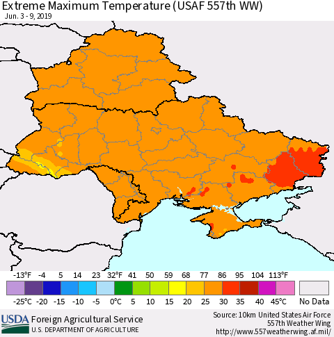 Ukraine, Moldova and Belarus Extreme Maximum Temperature (USAF 557th WW) Thematic Map For 6/3/2019 - 6/9/2019