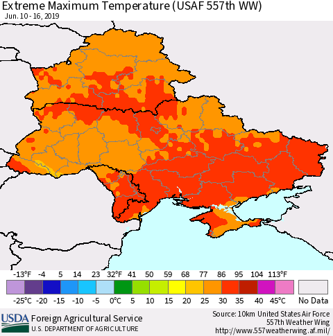 Ukraine, Moldova and Belarus Extreme Maximum Temperature (USAF 557th WW) Thematic Map For 6/10/2019 - 6/16/2019