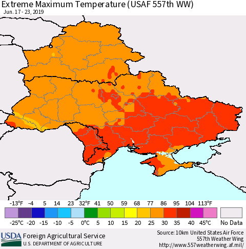 Ukraine, Moldova and Belarus Extreme Maximum Temperature (USAF 557th WW) Thematic Map For 6/17/2019 - 6/23/2019