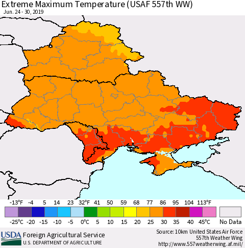 Ukraine, Moldova and Belarus Maximum Daily Temperature (USAF 557th WW) Thematic Map For 6/24/2019 - 6/30/2019