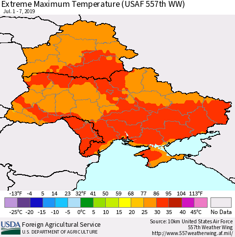 Ukraine, Moldova and Belarus Extreme Maximum Temperature (USAF 557th WW) Thematic Map For 7/1/2019 - 7/7/2019