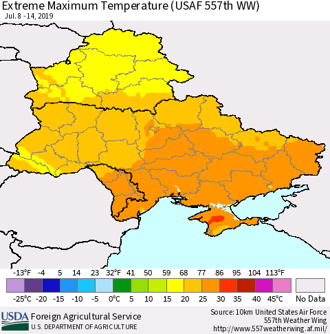 Ukraine, Moldova and Belarus Extreme Maximum Temperature (USAF 557th WW) Thematic Map For 7/8/2019 - 7/14/2019