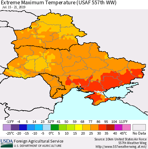 Ukraine, Moldova and Belarus Extreme Maximum Temperature (USAF 557th WW) Thematic Map For 7/15/2019 - 7/21/2019