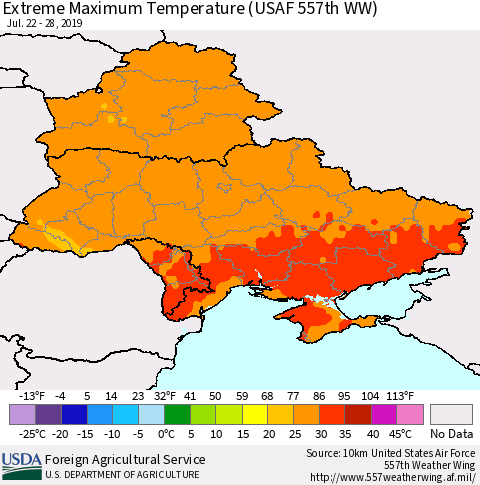 Ukraine, Moldova and Belarus Extreme Maximum Temperature (USAF 557th WW) Thematic Map For 7/22/2019 - 7/28/2019