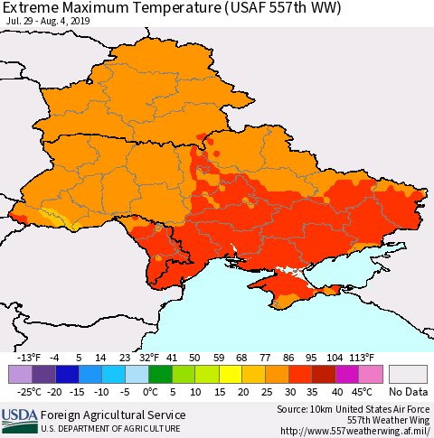 Ukraine, Moldova and Belarus Extreme Maximum Temperature (USAF 557th WW) Thematic Map For 7/29/2019 - 8/4/2019