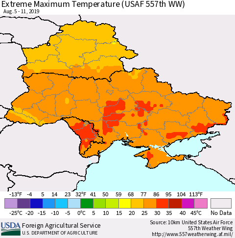 Ukraine, Moldova and Belarus Extreme Maximum Temperature (USAF 557th WW) Thematic Map For 8/5/2019 - 8/11/2019