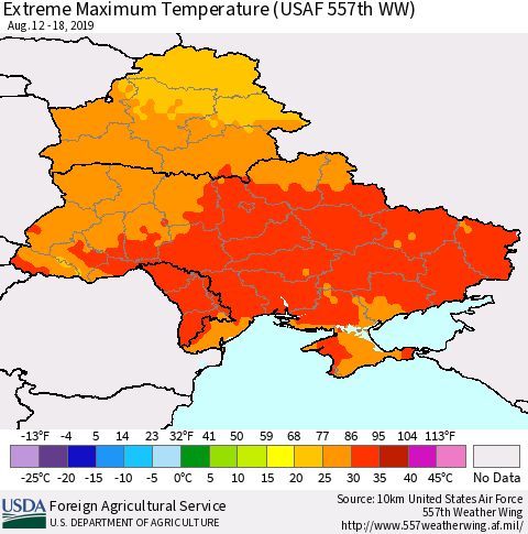 Ukraine, Moldova and Belarus Extreme Maximum Temperature (USAF 557th WW) Thematic Map For 8/12/2019 - 8/18/2019