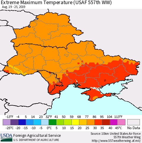 Ukraine, Moldova and Belarus Extreme Maximum Temperature (USAF 557th WW) Thematic Map For 8/19/2019 - 8/25/2019
