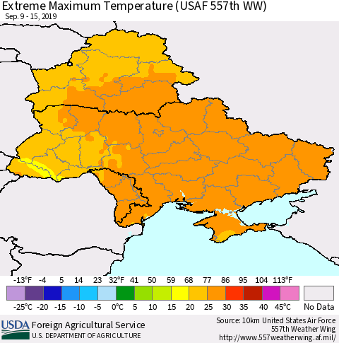 Ukraine, Moldova and Belarus Maximum Daily Temperature (USAF 557th WW) Thematic Map For 9/9/2019 - 9/15/2019