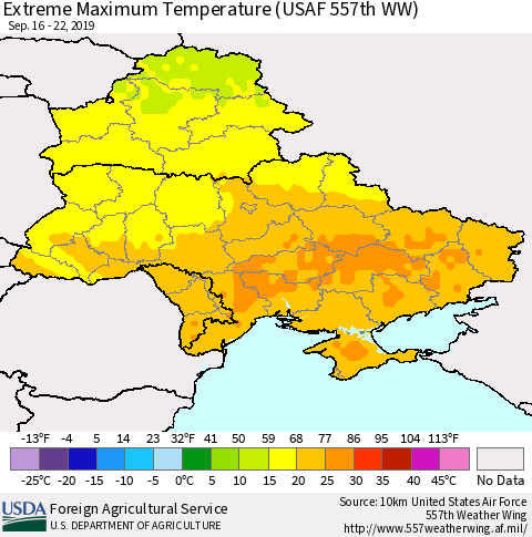 Ukraine, Moldova and Belarus Maximum Daily Temperature (USAF 557th WW) Thematic Map For 9/16/2019 - 9/22/2019