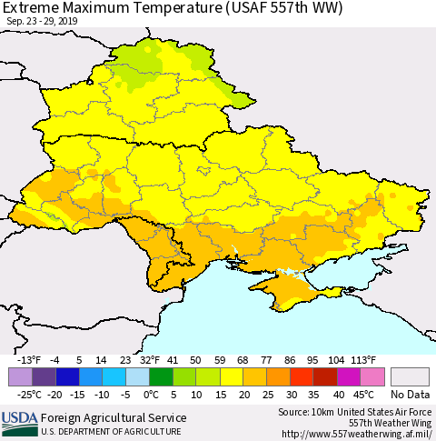 Ukraine, Moldova and Belarus Maximum Daily Temperature (USAF 557th WW) Thematic Map For 9/23/2019 - 9/29/2019