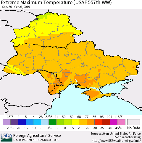 Ukraine, Moldova and Belarus Maximum Daily Temperature (USAF 557th WW) Thematic Map For 9/30/2019 - 10/6/2019