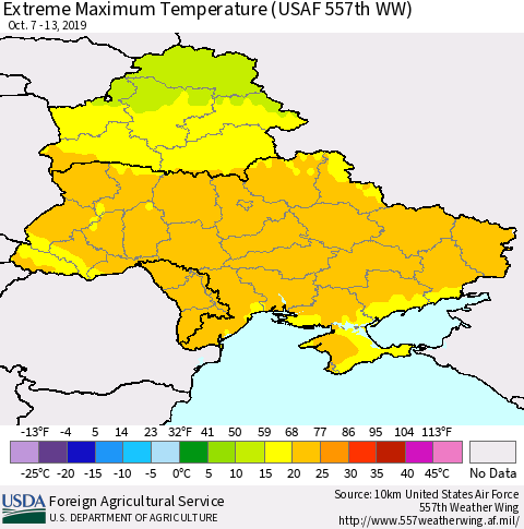 Ukraine, Moldova and Belarus Maximum Daily Temperature (USAF 557th WW) Thematic Map For 10/7/2019 - 10/13/2019