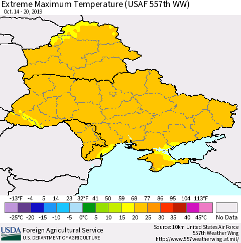 Ukraine, Moldova and Belarus Maximum Daily Temperature (USAF 557th WW) Thematic Map For 10/14/2019 - 10/20/2019