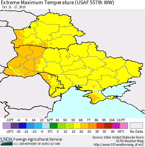 Ukraine, Moldova and Belarus Maximum Daily Temperature (USAF 557th WW) Thematic Map For 10/21/2019 - 10/27/2019
