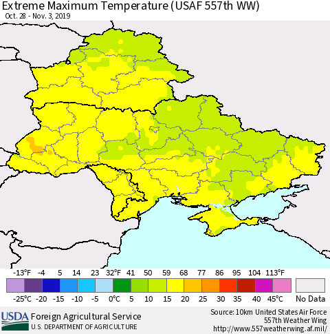 Ukraine, Moldova and Belarus Maximum Daily Temperature (USAF 557th WW) Thematic Map For 10/28/2019 - 11/3/2019