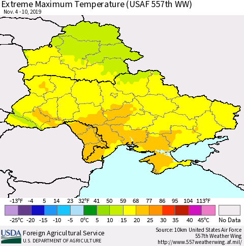 Ukraine, Moldova and Belarus Maximum Daily Temperature (USAF 557th WW) Thematic Map For 11/4/2019 - 11/10/2019