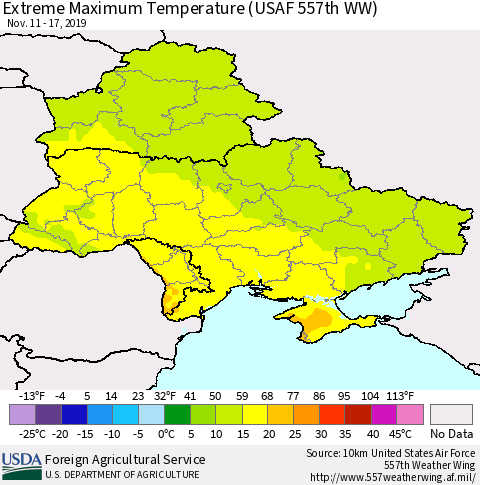 Ukraine, Moldova and Belarus Maximum Daily Temperature (USAF 557th WW) Thematic Map For 11/11/2019 - 11/17/2019