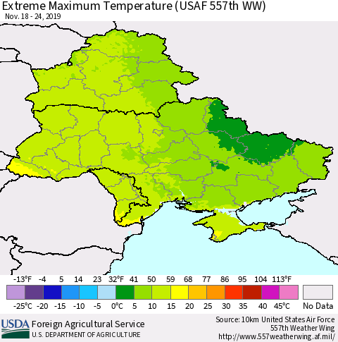 Ukraine, Moldova and Belarus Maximum Daily Temperature (USAF 557th WW) Thematic Map For 11/18/2019 - 11/24/2019