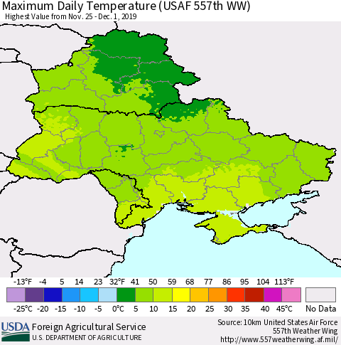 Ukraine, Moldova and Belarus Maximum Daily Temperature (USAF 557th WW) Thematic Map For 11/25/2019 - 12/1/2019