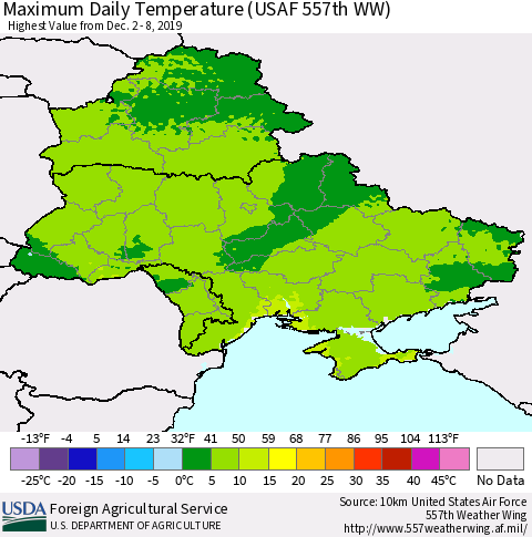 Ukraine, Moldova and Belarus Maximum Daily Temperature (USAF 557th WW) Thematic Map For 12/2/2019 - 12/8/2019