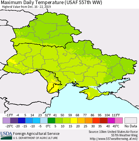 Ukraine, Moldova and Belarus Maximum Daily Temperature (USAF 557th WW) Thematic Map For 12/16/2019 - 12/22/2019