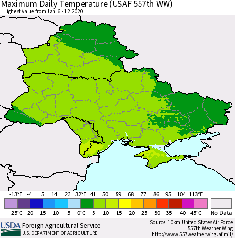 Ukraine, Moldova and Belarus Maximum Daily Temperature (USAF 557th WW) Thematic Map For 1/6/2020 - 1/12/2020