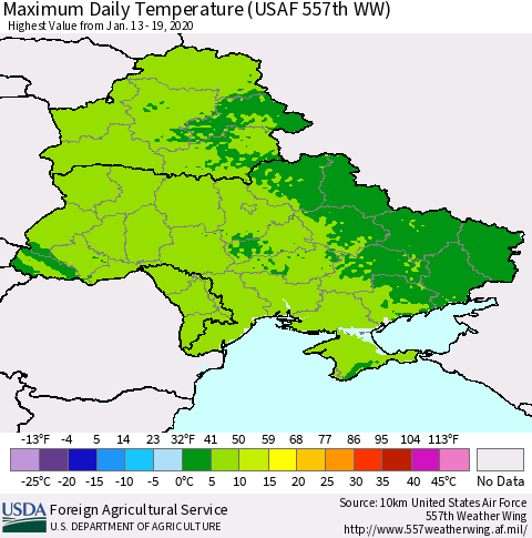 Ukraine, Moldova and Belarus Maximum Daily Temperature (USAF 557th WW) Thematic Map For 1/13/2020 - 1/19/2020
