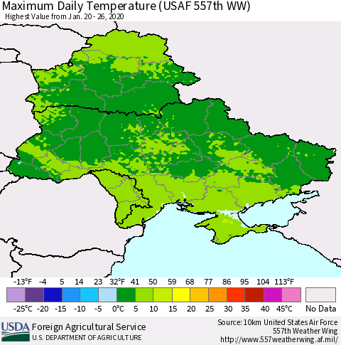 Ukraine, Moldova and Belarus Maximum Daily Temperature (USAF 557th WW) Thematic Map For 1/20/2020 - 1/26/2020