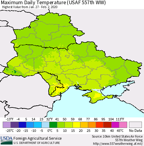 Ukraine, Moldova and Belarus Maximum Daily Temperature (USAF 557th WW) Thematic Map For 1/27/2020 - 2/2/2020