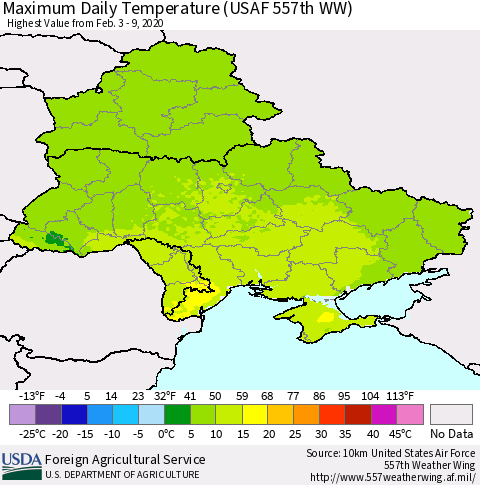 Ukraine, Moldova and Belarus Maximum Daily Temperature (USAF 557th WW) Thematic Map For 2/3/2020 - 2/9/2020