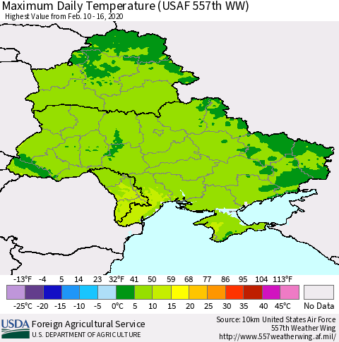 Ukraine, Moldova and Belarus Maximum Daily Temperature (USAF 557th WW) Thematic Map For 2/10/2020 - 2/16/2020