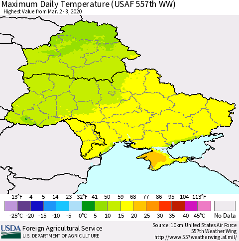 Ukraine, Moldova and Belarus Maximum Daily Temperature (USAF 557th WW) Thematic Map For 3/2/2020 - 3/8/2020