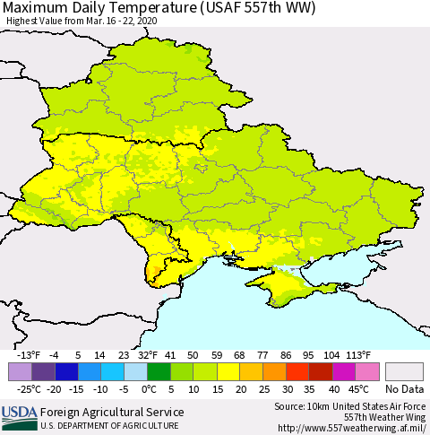 Ukraine, Moldova and Belarus Maximum Daily Temperature (USAF 557th WW) Thematic Map For 3/16/2020 - 3/22/2020