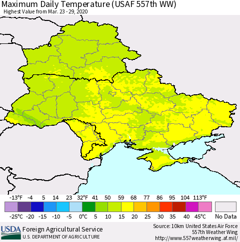 Ukraine, Moldova and Belarus Maximum Daily Temperature (USAF 557th WW) Thematic Map For 3/23/2020 - 3/29/2020