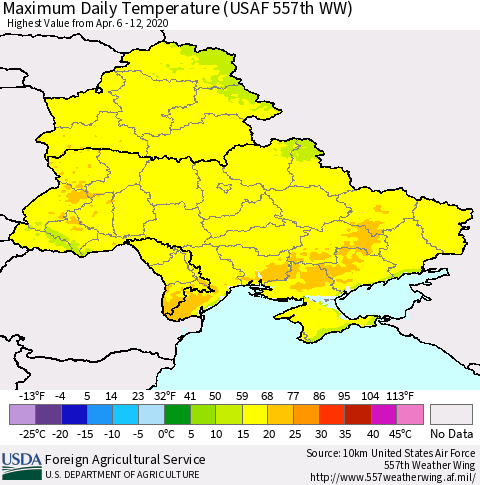 Ukraine, Moldova and Belarus Maximum Daily Temperature (USAF 557th WW) Thematic Map For 4/6/2020 - 4/12/2020