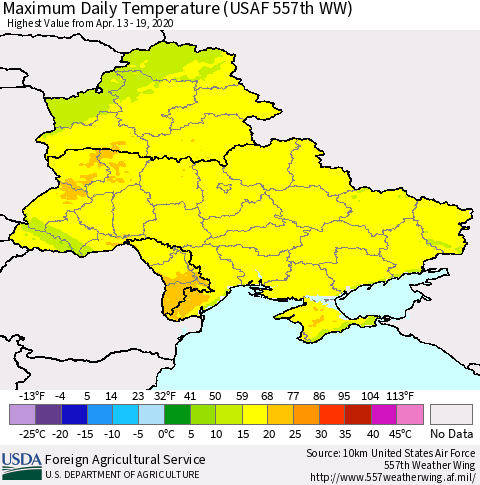 Ukraine, Moldova and Belarus Maximum Daily Temperature (USAF 557th WW) Thematic Map For 4/13/2020 - 4/19/2020