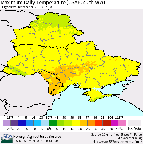 Ukraine, Moldova and Belarus Maximum Daily Temperature (USAF 557th WW) Thematic Map For 4/20/2020 - 4/26/2020