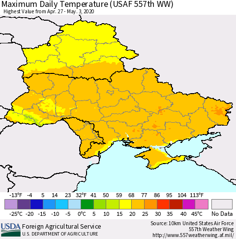Ukraine, Moldova and Belarus Maximum Daily Temperature (USAF 557th WW) Thematic Map For 4/27/2020 - 5/3/2020