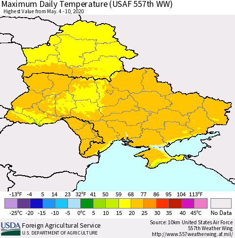Ukraine, Moldova and Belarus Extreme Maximum Temperature (USAF 557th WW) Thematic Map For 5/4/2020 - 5/10/2020