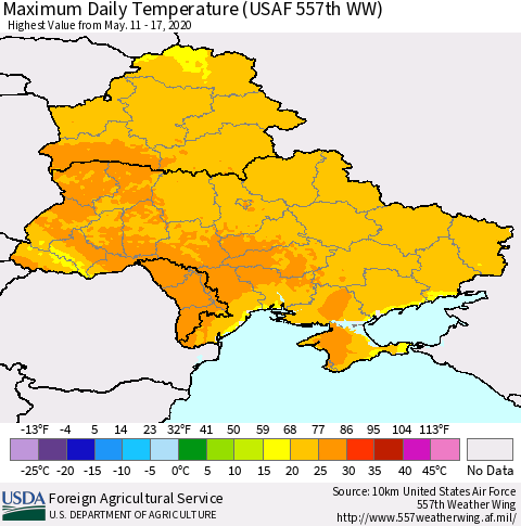 Ukraine, Moldova and Belarus Maximum Daily Temperature (USAF 557th WW) Thematic Map For 5/11/2020 - 5/17/2020