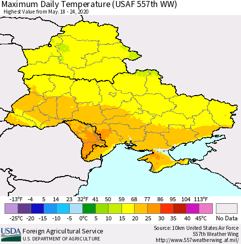 Ukraine, Moldova and Belarus Maximum Daily Temperature (USAF 557th WW) Thematic Map For 5/18/2020 - 5/24/2020