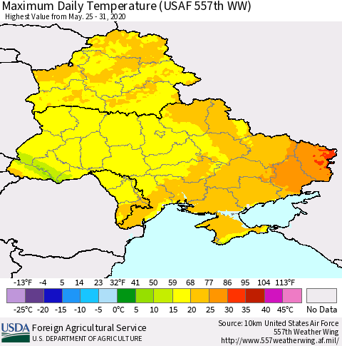 Ukraine, Moldova and Belarus Maximum Daily Temperature (USAF 557th WW) Thematic Map For 5/25/2020 - 5/31/2020