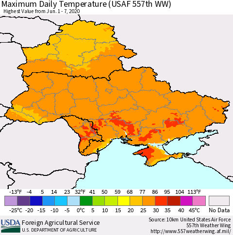 Ukraine, Moldova and Belarus Extreme Maximum Temperature (USAF 557th WW) Thematic Map For 6/1/2020 - 6/7/2020