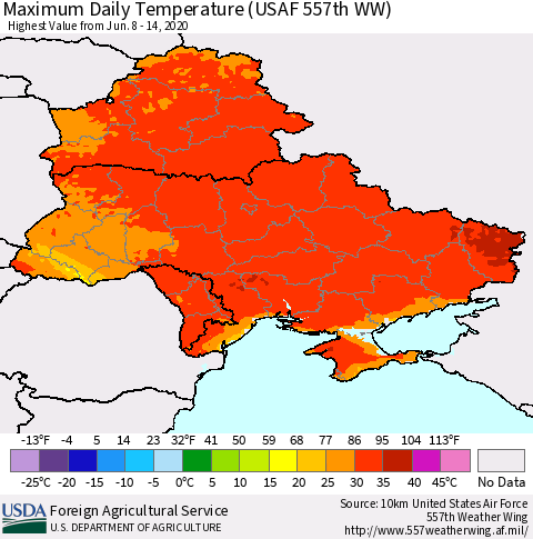 Ukraine, Moldova and Belarus Extreme Maximum Temperature (USAF 557th WW) Thematic Map For 6/8/2020 - 6/14/2020