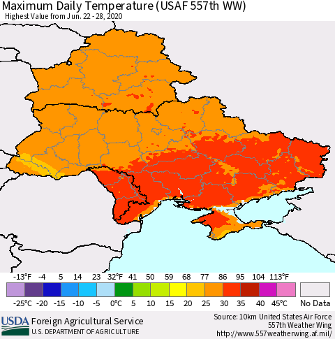 Ukraine, Moldova and Belarus Extreme Maximum Temperature (USAF 557th WW) Thematic Map For 6/22/2020 - 6/28/2020