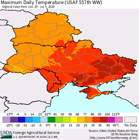 Ukraine, Moldova and Belarus Maximum Daily Temperature (USAF 557th WW) Thematic Map For 6/29/2020 - 7/5/2020